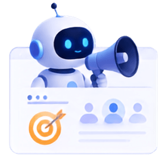A robot with a megaphone addressing a group of contacts
