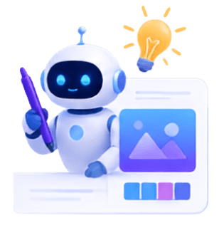 A robot holding a pen beside a design canvas and an idea lightbulb