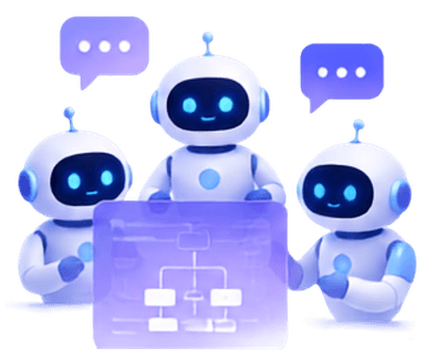Three robots collaborating around a shared workflow diagram