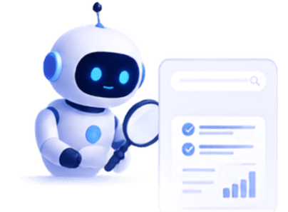 A robot with a magnifying glass beside a research report card