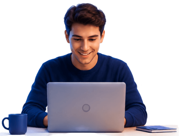 A learner smiling at a laptop, surrounded by the AI agents they built